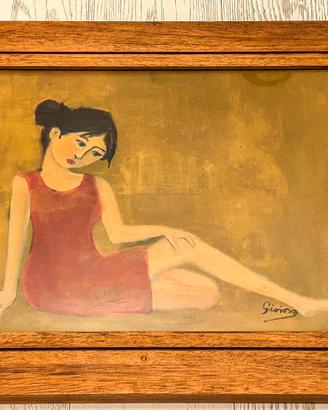Quadro cornice legno donna con vestito rosso