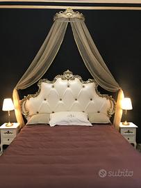 Letto king Size in legno intarsiato ed ecopelle