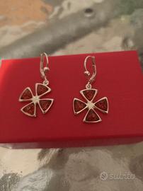 Orecchini pendenti quadrifoglio, argento e ambra