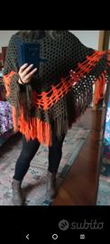 poncho Verde/arancio misto lana Vintage 