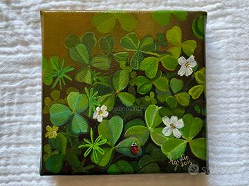 Coccinella su prato di trifogli - Dipinto a olio