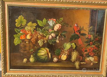 Quadro olio 120x80 natura morta pappagallo 1900