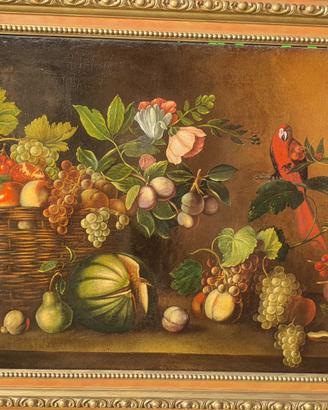 Quadro olio 120x80 natura morta pappagallo 1900