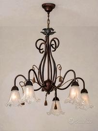 Lampadario 5 Luci - Ferro Battuto e Vetro Satinato
