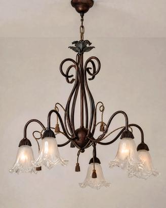 Lampadario 5 Luci - Ferro Battuto e Vetro Satinato