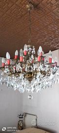 lampadario vintage in ottone e pendoli incristallo