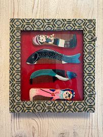 Set vintage 4 pettinini cinesi dipinti a mano