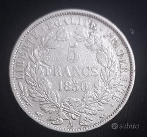 Moneta argento 5 fr 1850 A  Francia 