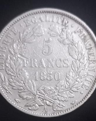 Moneta argento 5 fr 1850 A  Francia 