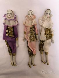 Lotto 3 Bambole Pierrot Vintage in Porcellana