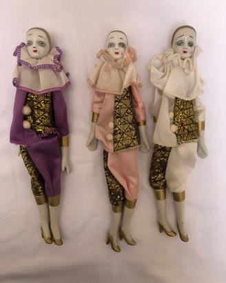 Lotto 3 Bambole Pierrot Vintage in Porcellana