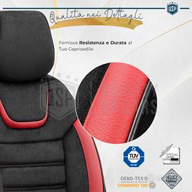 COPRISEDILI per Fiat Panda in PELLE Pu, TESSUTO, Cuciture ROSSE, COMPLETI  Anteriori + Posteriori