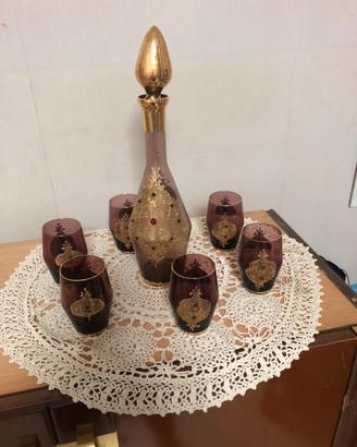 BOTTIGLIA CON 6 BICCHIERI VINTAGE MURANO ANNI 50