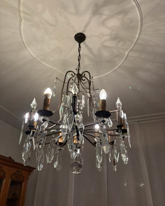 Lampadario Vintage in Cristallo e Metallo Brunito