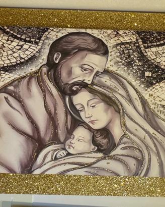 Tela sacra famiglia con cornice dorata glitterata
