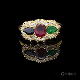 ANELLO RAINBOW ORO 14KT DIAMANTI SMERALDO ZAFFIRO