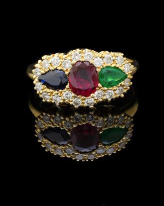 ANELLO RAINBOW ORO 14KT DIAMANTI SMERALDO ZAFFIRO