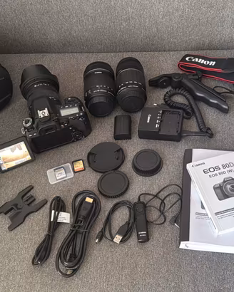 Canon EOS 80D, 3 obiettivi, flash, 20+ accessori