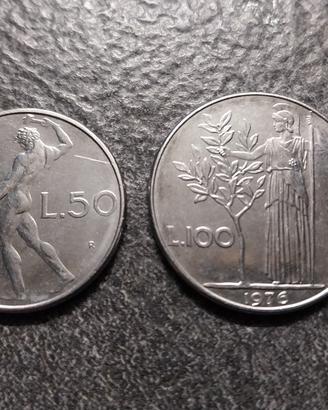 50 Lire Vulcano e 100 Lire Minerva 1976 Italia