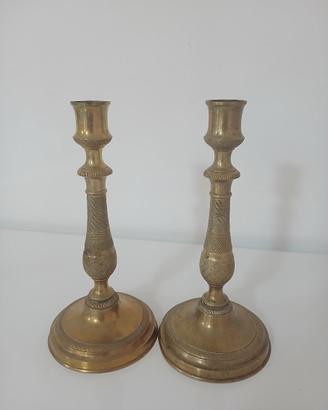 Coppia Candelieri Antichi In Ottone Inciso 24cm Ep