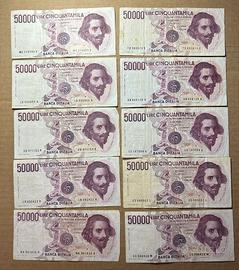 Lotto 10 Banconote 50000 lire Bernini