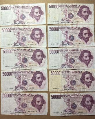Lotto 10 Banconote 50000 lire Bernini