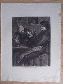 Acquaforte Antica XIX Sec. "Les Hommes au Cabaret"