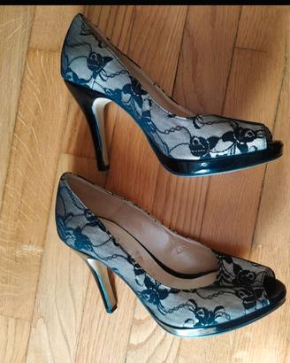 Décolleté 2 Paia (Nude/Pizzo+Raso Blu); 37 - Nuove