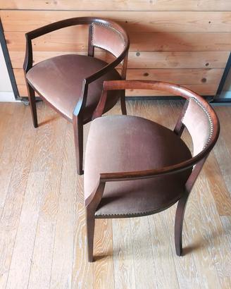 Poltroncine a pozzetto anni '40 in legno e velluto