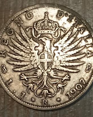 #2275-Una Moneta 1 Lira 1907 Argento Regno Italia