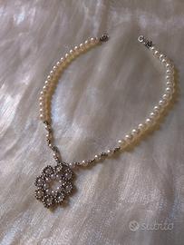 Collana Perle Stile Vintage Ciondolo fiore 