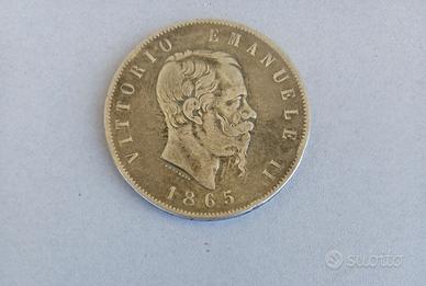 Moneta Argento 5 Lire 1865  Torino (Rara)