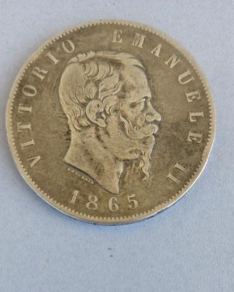 Moneta Argento 5 Lire 1865  Torino (Rara)