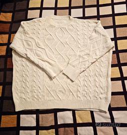 Maglione girocollo in maglia a trecce Aran bianco 