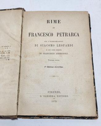 Libro Antico 1872 Rime di F. Petrarca G. Leopardi