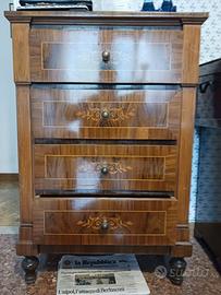 Comodino antico '800 noce intarsiato a 4 cassetti