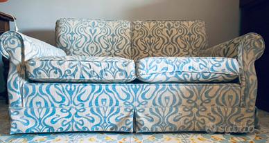 Divano e 2 Poltrone in tessuto damascato blu-grey