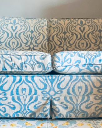 Divano e 2 Poltrone in tessuto damascato blu-grey