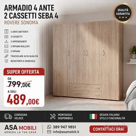 ARMADIO 4 ANTE CON 2 CASSETTI – ROVERE SONOMA