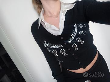 Cardigan Fracomina nero con strass e perline