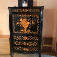 Mobile secretaire lacca nero con intarsio floreale