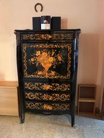 Mobile secretaire lacca nero con intarsio floreale