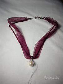 Collana AK61, Organza, Seta, Argento 925 Rodiato