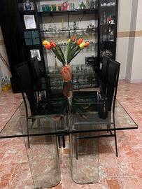 Tavolo in Vetro Moderno 230x85 cm + 4 Sedie Nere -