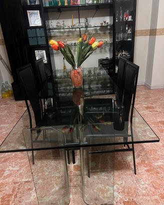 Tavolo in Vetro Moderno 230x85 cm + 4 Sedie Nere -