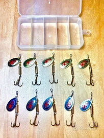 Lotto 10 cucchiaini+box Fiume/Lago pesca Trota, Ca