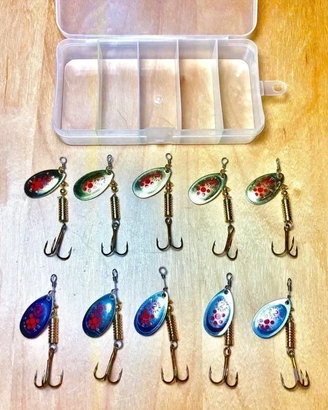 Lotto 10 cucchiaini+box Fiume/Lago pesca Trota, Ca