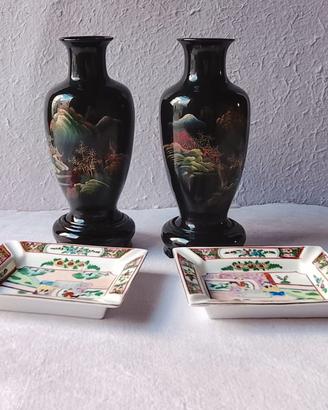 Coppia Vasi Fujian & 2 Posaceneri Ceramica Cantone