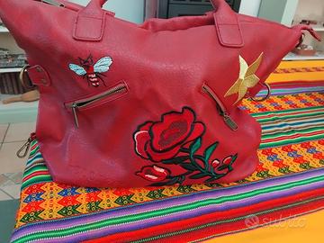 Borsa grande  donna pelle bordeaux con ricami