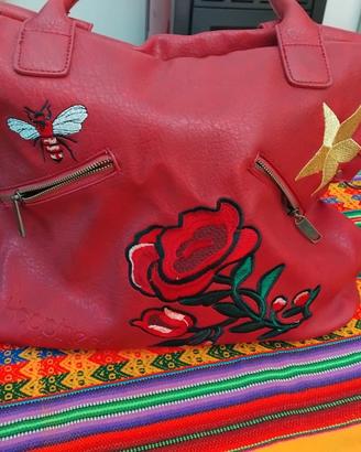 Borsa grande  donna pelle bordeaux con ricami